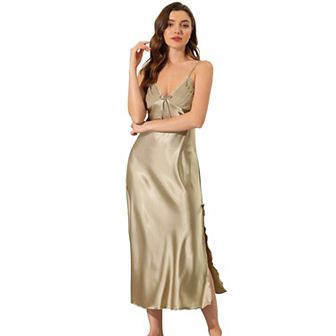 Women's Satin Pajama V Neck Nightdress Soft Midi Lounge Dress
