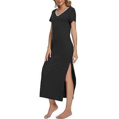 Womens Sleepwear Long Pajama Dress with Side Slit Nightshirt Lounge Nightgown