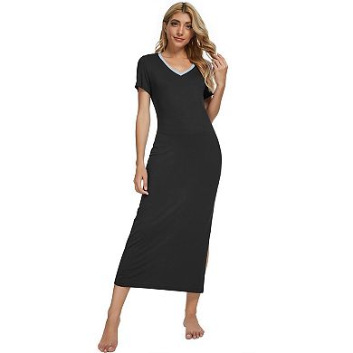 Womens Sleepwear Long Pajama Dress with Side Slit Nightshirt Lounge Nightgown