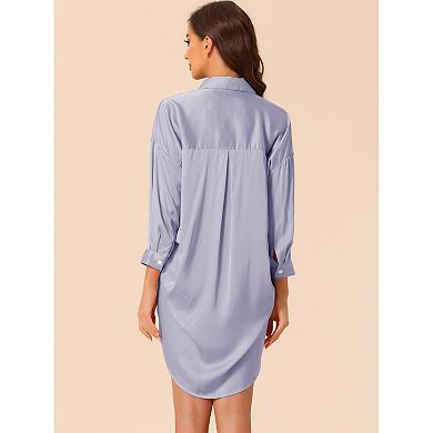Women's Pajamas Nightshirt Long Sleeves Button Down Shirt Dress Satin Nightgown