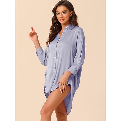 Women's Pajamas Nightshirt Long Sleeves Button Down Shirt Dress Satin Nightgown