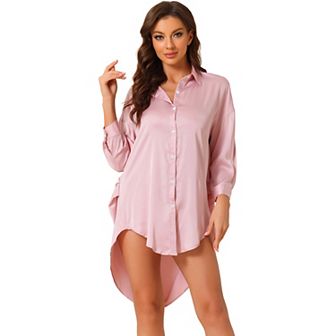 Women's Pajamas Nightshirt Long Sleeves Button Down Shirt Dress Satin Nightgown