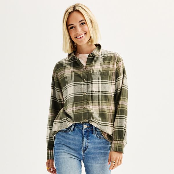 Juniors SO® Core Flannel Shirt - Olive Plaid (LARGE)