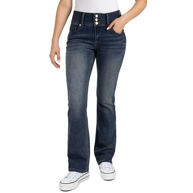 Juniors' Indigo Rein Mid-Rise Triple Button Bootcut Jeans