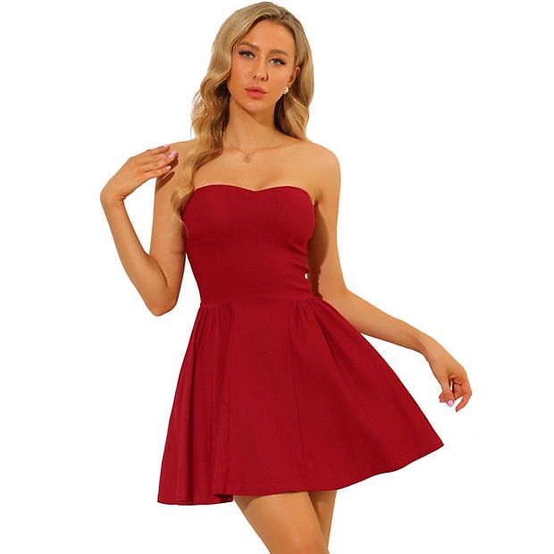 Inspire Chic Women's Strapless Sweetheart Neck Off Shoulder Sleeveless Fit and Flare Mini Party Dress Small Purple Red