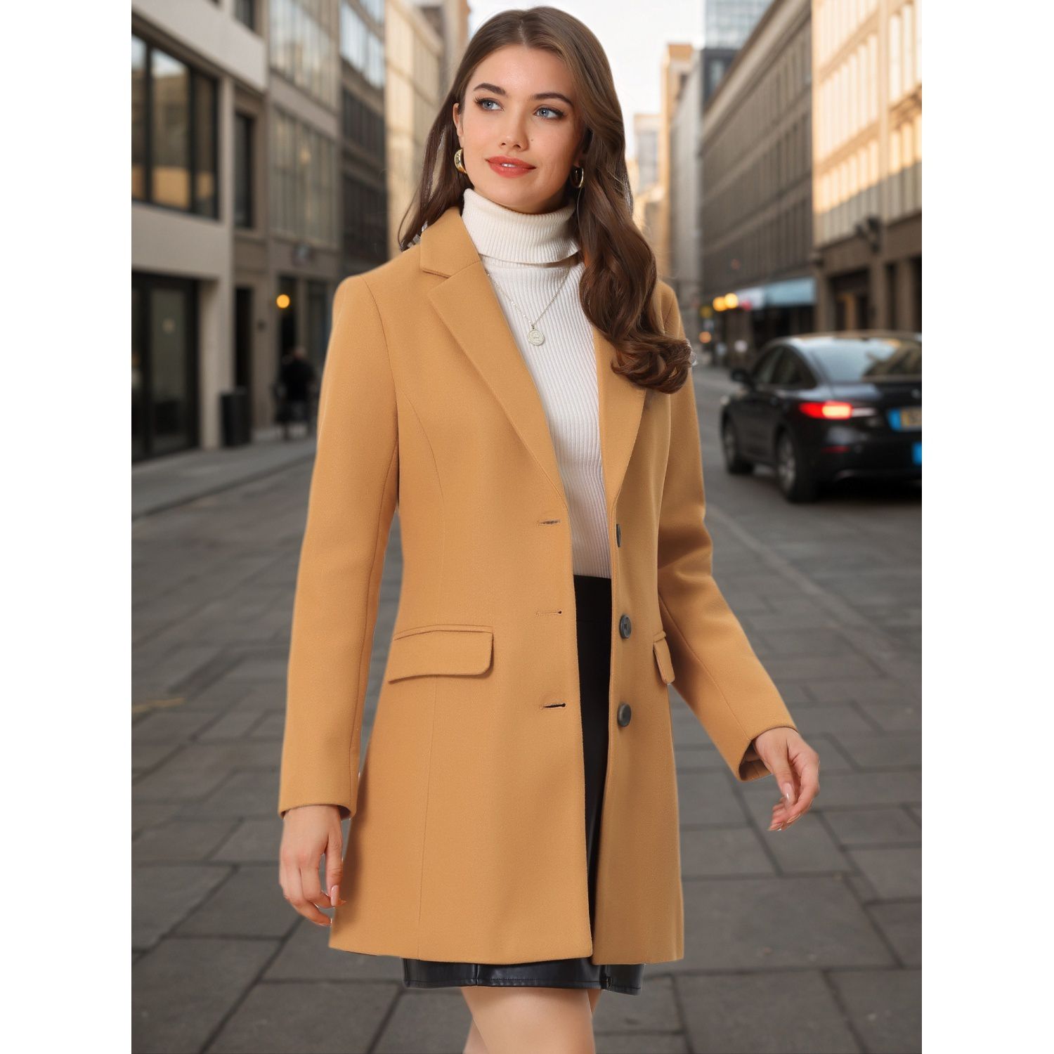 Women's Notched Lapel Long Sleeves Single Breasted Winter Long Coat