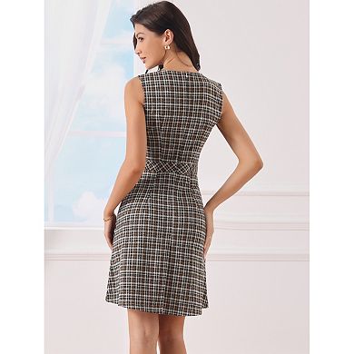 Women's Houndstooth Plaid Above Knee Sleeveless Fit and Flare Dress