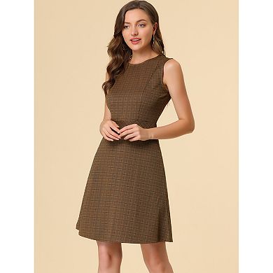 Women's Houndstooth Plaid Above Knee Sleeveless Fit and Flare Dress
