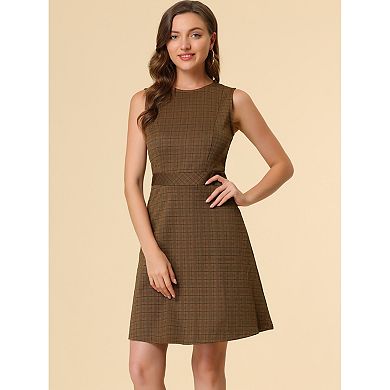 Women's Houndstooth Plaid Above Knee Sleeveless Fit and Flare Dress