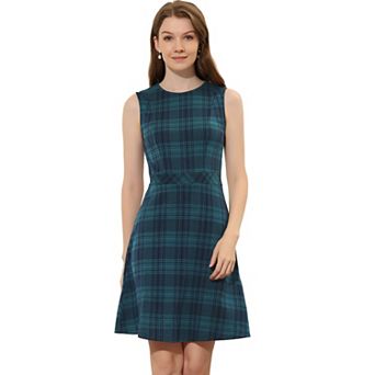 Women's Houndstooth Plaid Above Knee Sleeveless Fit and Flare Dress