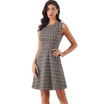 Women's Houndstooth Plaid Above Knee Sleeveless Fit and Flare Dress