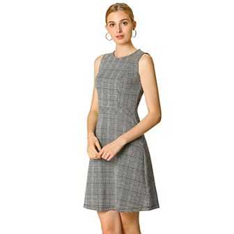 Women's Houndstooth Plaid Above Knee Sleeveless Fit and Flare Dress