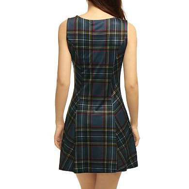 Women's Costume Round Neck Sleeveless Plaids A-line Fit And Flare Mini Dress