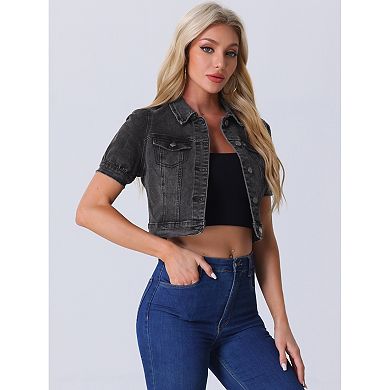 Women's Cropped Jackets Short Sleeve Button Down Washed Denim Jean Jacket