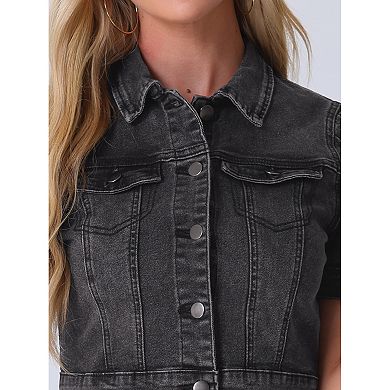 Women's Cropped Jackets Short Sleeve Button Down Washed Denim Jean Jacket