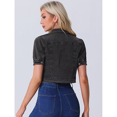 Women's Cropped Jackets Short Sleeve Button Down Washed Denim Jean Jacket