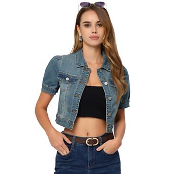 Women's Cropped Jackets Short Sleeve Button Down Washed Denim Jean Jacket