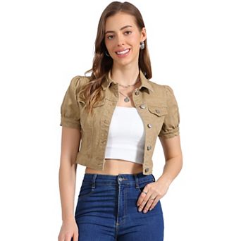 Women's Cropped Jackets Short Sleeve Button Down Washed Denim Jean Jacket