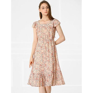 Women's Floral Print Flutter Sleeves Square Neck Ruffled Hem Dress