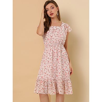 Women's Floral Print Flutter Sleeves Square Neck Ruffled Hem Dress