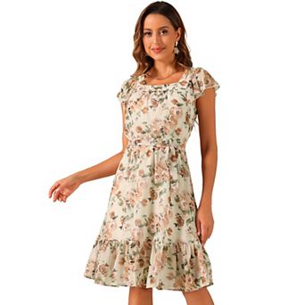 Ruffle Dress For Women's Flutter Sleeve Belted Square Neck Floral Chiffon Dress