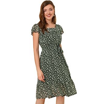 Ruffle Dress For Women's Flutter Sleeve Belted Square Neck Floral Chiffon Dress