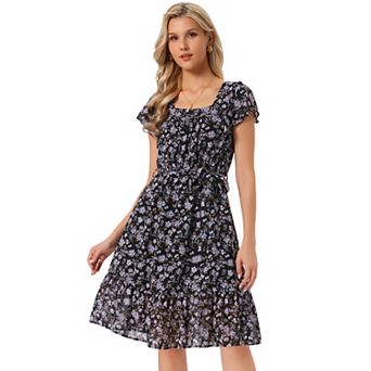 Women's Floral Print Flutter Sleeves Square Neck Ruffled Hem Dress