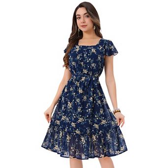 Women's Floral Print Flutter Sleeves Square Neck Ruffled Hem Dress