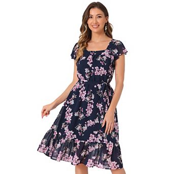 Ruffle Dress For Women's Flutter Sleeve Belted Square Neck Floral Chiffon Dress