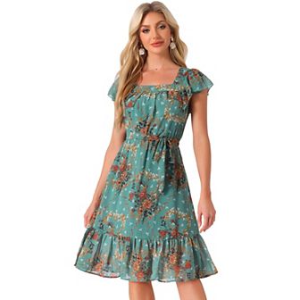 Ruffle Dress For Women's Flutter Sleeve Belted Square Neck Floral Chiffon Dress