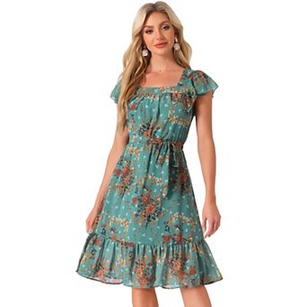 Ruffle Dress For Women's Flutter Sleeve Belted Square Neck Floral Chiffon Dress