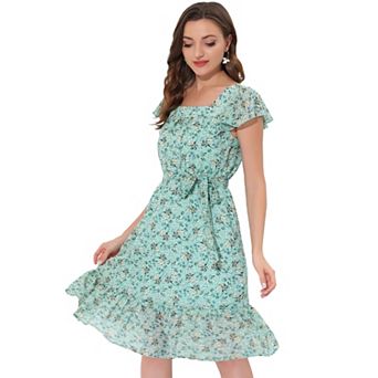 Ruffle Dress For Women's Flutter Sleeve Belted Square Neck Floral Chiffon Dress