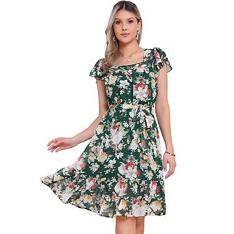 Women's Floral Print Flutter Sleeves Square Neck Ruffled Hem Dress