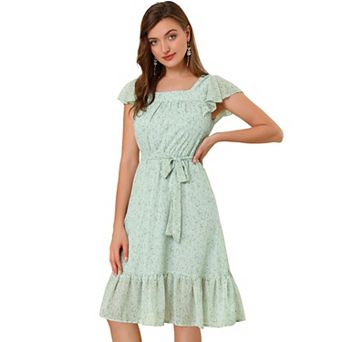 Ruffle Dress For Women's Flutter Sleeve Belted Square Neck Floral Chiffon Dress