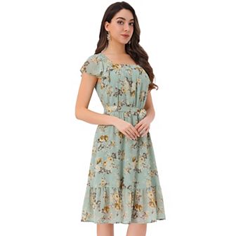 Ruffle Dress For Women's Flutter Sleeve Belted Square Neck Floral Chiffon Dress
