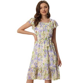 Ruffle Dress For Women's Flutter Sleeve Belted Square Neck Floral Chiffon Dress