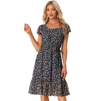 Ruffle Dress For Women's Flutter Sleeve Belted Square Neck Floral Chiffon Dress