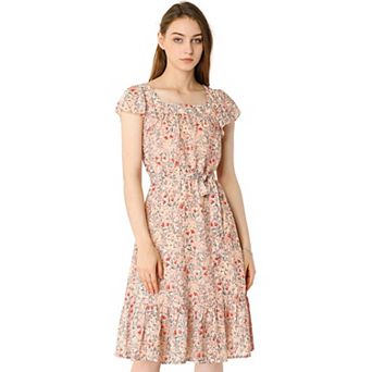 Ruffle Dress For Women's Flutter Sleeve Belted Square Neck Floral Chiffon Dress