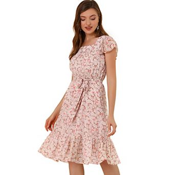 Ruffle Dress For Women's Flutter Sleeve Belted Square Neck Floral Chiffon Dress