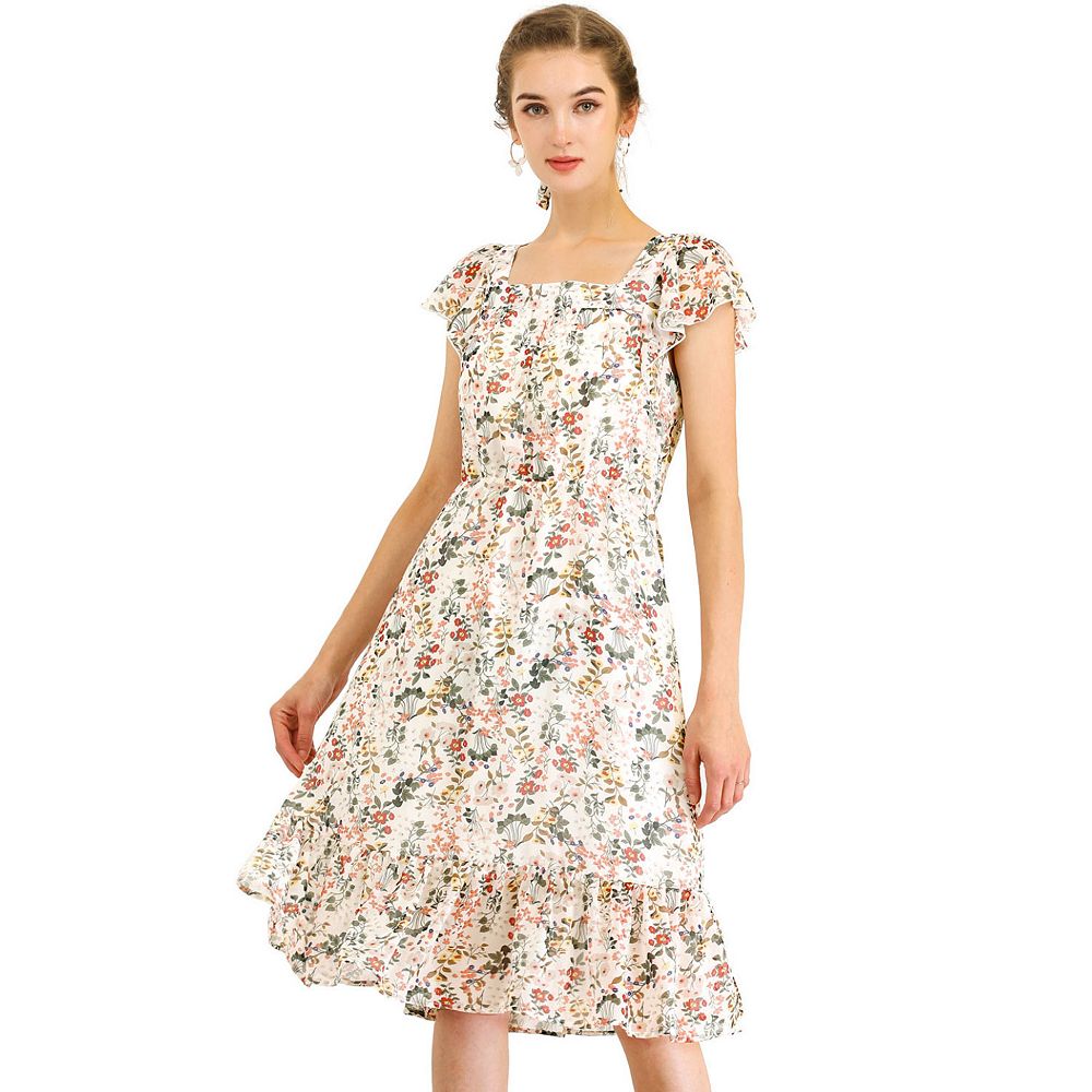 Square Neck Flutter Sleeves Chiffon Dresses with Slit Slate Blue main image 1