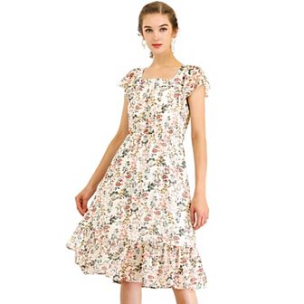 Ruffle Dress For Women's Flutter Sleeve Belted Square Neck Floral Chiffon Dress