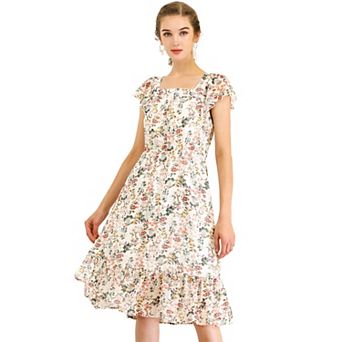 Ruffle Dress For Women's Flutter Sleeve Belted Square Neck Floral Chiffon Dress