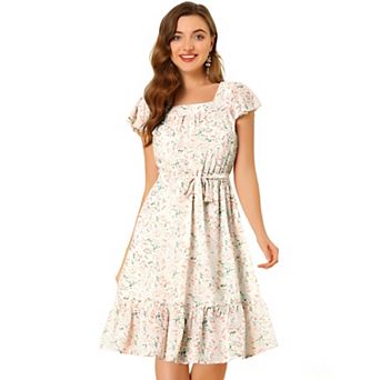 Women's Floral Print Flutter Sleeves Square Neck Ruffled Hem Dress