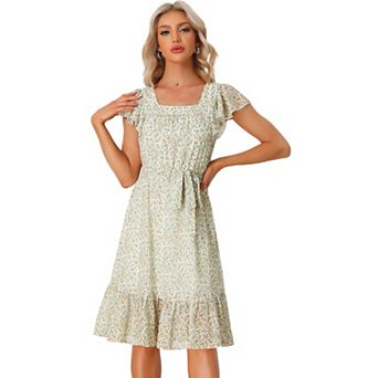 Women's Floral Print Flutter Sleeves Square Neck Ruffled Hem Dress