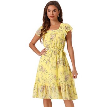 Ruffle Dress For Women's Flutter Sleeve Belted Square Neck Floral Chiffon Dress