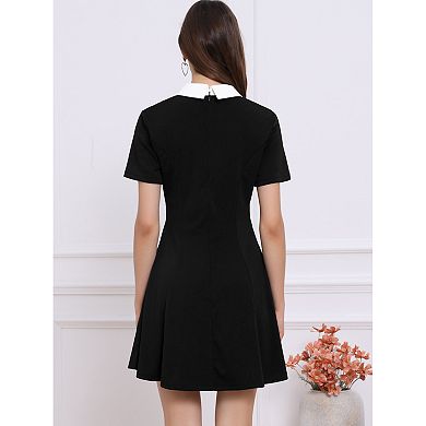 Women's Peter Pan Contrast Collar Short Sleeves Flare Dress