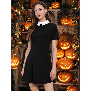 Women's Peter Pan Contrast Collar Short Sleeves Flare Dress