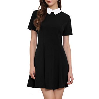 Women's Peter Pan Contrast Collar Short Sleeves Flare Dress