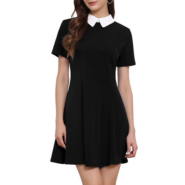 black dress white collar peter pan Cosmic Aura Black Peter Pan Collar Long-Sleeve Dress
