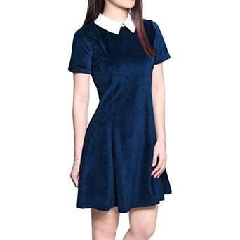 Women's Peter Pan Contrast Collar Short Sleeves Flare Dress